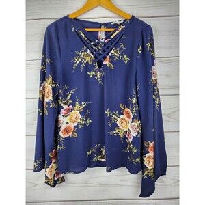 Entro Womens Blue Floral Sheer Blouse Medium